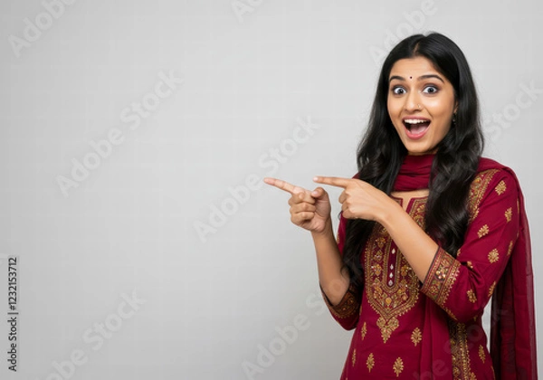 Fototapeta Excited Indian Woman Gesturing to the Side, Ready to Share Information or Announce Something in a Fun and Lively Way