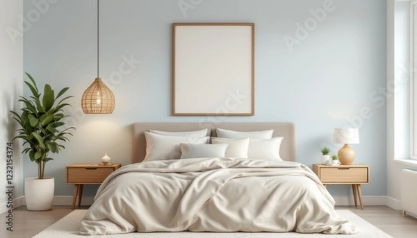 Fototapeta Serene bedroom with neutral tones creates a calm inviting sleeping space
