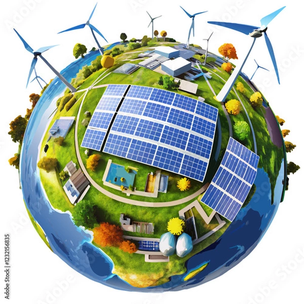 Obraz Globe made of solar panels and wind turbines, on a white background, symbol of sustainable energy and ecological future