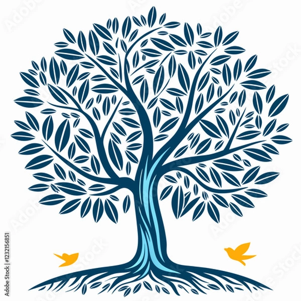 Fototapeta Illustration of a blue tree with butterflies, on a white background, symbol of nature and harmony