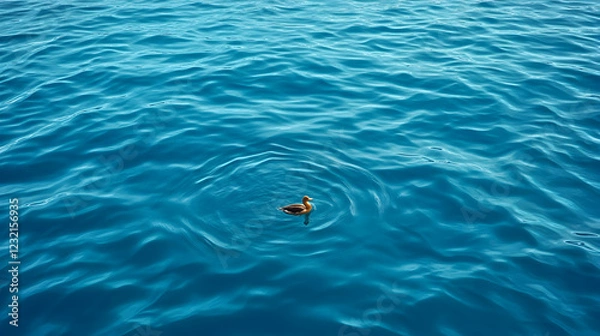 Fototapeta Solitary bird swimming in a calm ocean, background of blue water ripples; perfect for travel websites or nature documentaries
