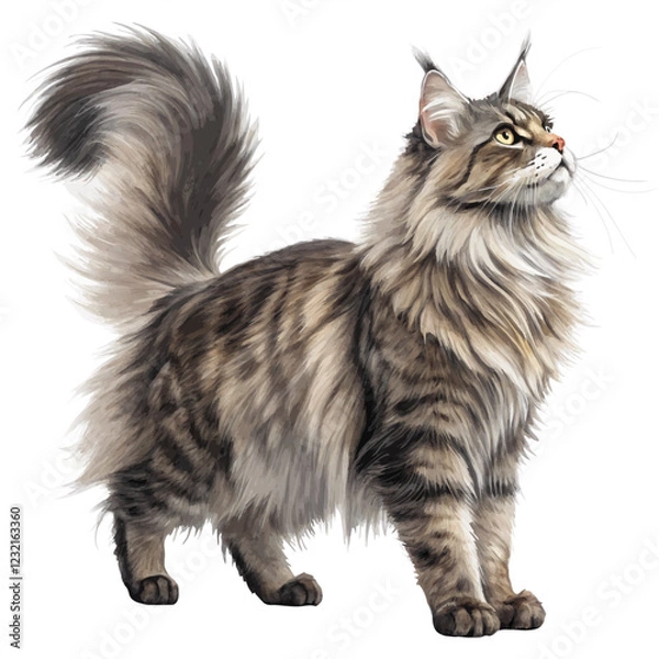Obraz  Maine Coon with a fluffy tail and large physique, standing full body on a white background, majestic and powerful cat breed
