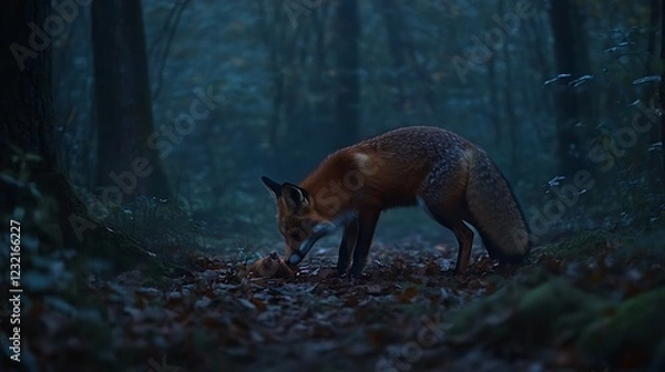 Obraz Red fox exploring a dark autumn forest floor