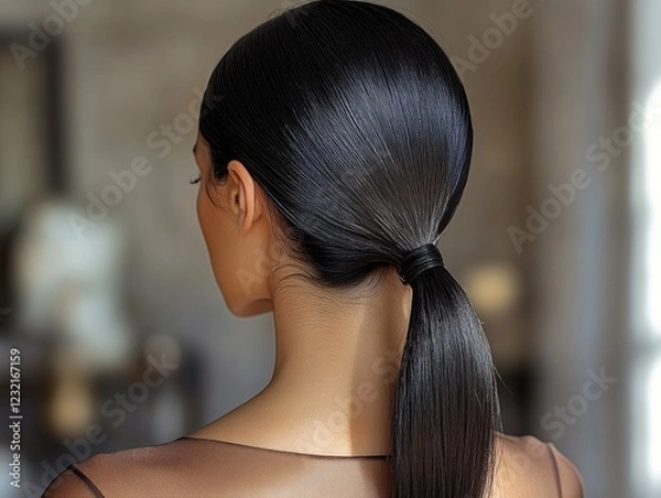 Obraz Close up of a person with black hair in a ponytail and a brown sheer top