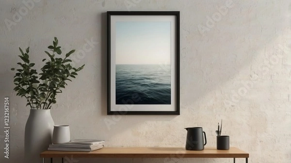 Fototapeta Clean Mockup of an Empty Poster Frame on a White Wall – Minimalist Design Template