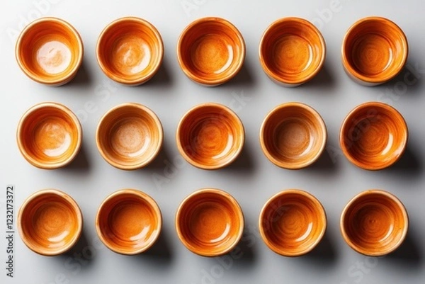 Fototapeta Neatly Spaced Terracotta Pots on Smooth Grey Tiles Earthy Minimalism and Clean Aesthetic A collection of empty terracotta pots arranged in a grid pattern on a neutral grey background showcases a