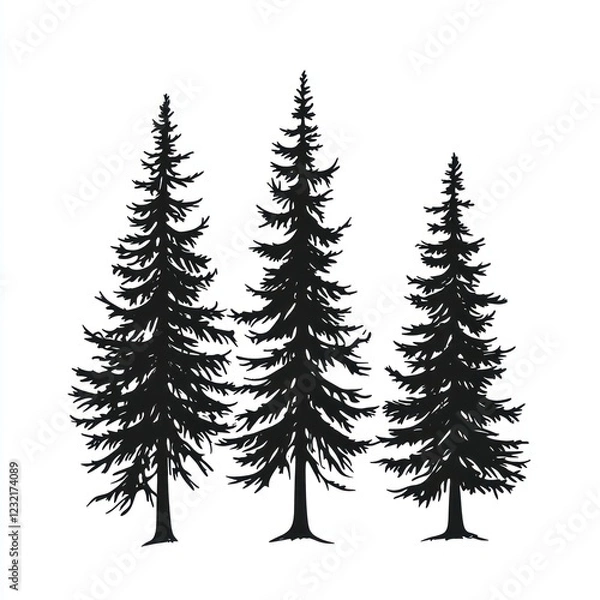 Fototapeta Three Silhouettes Of Evergreen Trees On White Background