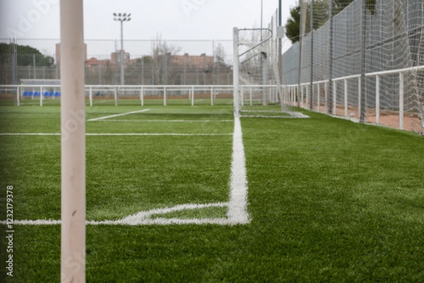 Fototapeta Corner of a soccer field where you can see the goal and the white lines of play on the green grass