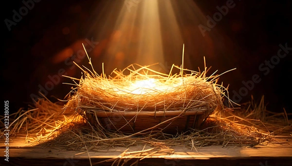Obraz Dramatic, warm-lit image of a rustic wooden manger filled with hay. Perfect for Christmas, nativity, or religious themes.  Evokes feelings of hope, peace, and new beginnings.