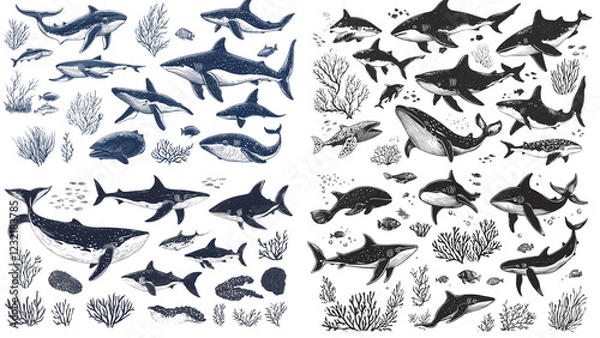 Fototapeta Ocean Giants: A captivating collection of hand-drawn sharks and whales, meticulously detailed in monochrome, swim amidst stylized coral reefs, creating a stunning underwater scene.  