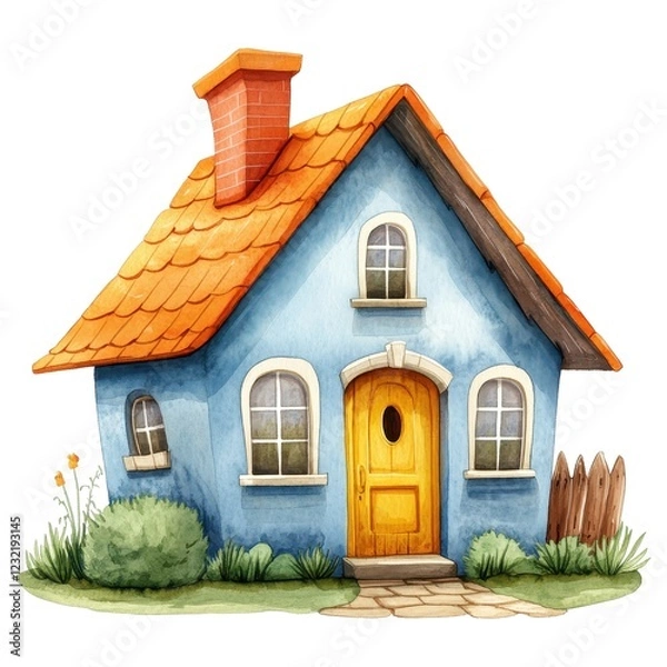 Obraz Charming Blue Cottage with Orange Roof and Yellow Door, Isolated on White Background Cutout