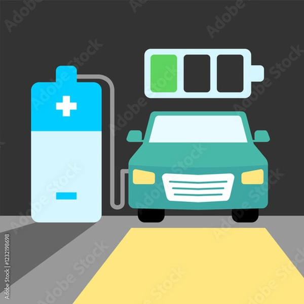 Obraz A clean and modern vector illustration of an electric car charging at a station, symbolizing eco-friendly transportation and sustainable energy solutions.
