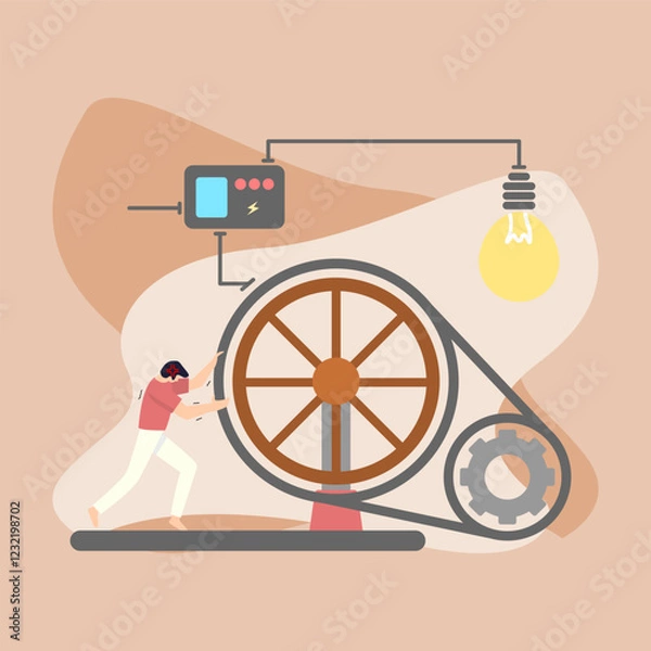 Obraz A modern, minimalistic illustration depicting a person generating electricity by manually turning a large wheel. The concept symbolizes renewable energy, human effort, and sustainability.