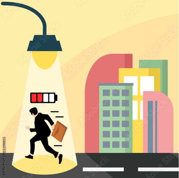 Obraz A thought-provoking vector illustration depicting an exhausted businessman under a streetlight, with a low battery icon symbolizing fatigue and burnout.
