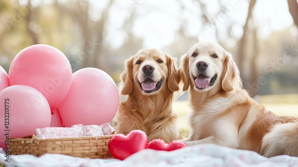 Fototapeta Two golden retrievers sitting next to a picnic setup