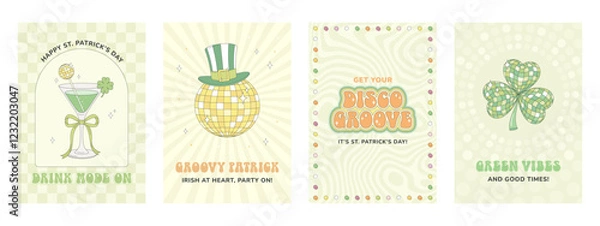 Fototapeta St Patrick's Day greeting card, poster, party invitation. Groovy disco retro style. Green cocktail with disco ball drink stirrer, leprechaun hat on gold mirror disco ball, sparkling disco clover.