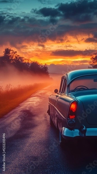 Fototapeta Vintage automobile resting on foggy rural lane, golden sunset light illuminating weathered classic car with timeless elegance