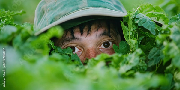 Fototapeta Close-up of Person Partially Concealed by Green Vegetation and Hat