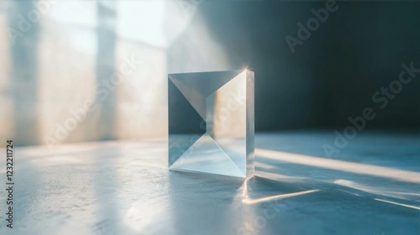 Fototapeta Clear Prism Reflecting Light Beams on Surface with Window Reflections and Dark Wall Background