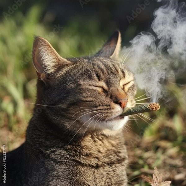 Fototapeta Tabby Cat Relaxing With A Rolled Cigarette Smoke In Mouth Outside Amidst Grass Field