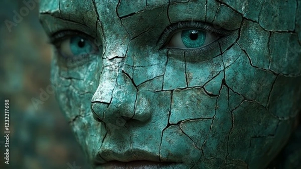 Fototapeta A woman's face is made of broken pieces of stone, giving it a rough