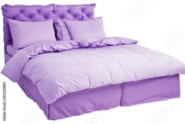 Fototapeta A bed with purple sheets and pillows. The bed is unmade and the pillows are arranged neatly
