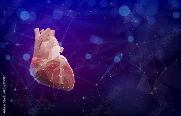 Fototapeta 3D illustration of a structure of triangles connected by dots in the shape of a human heart placed on a dark background. Used in medicine, science, education, advertising, commerce and industry.