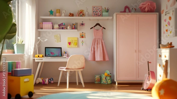 Fototapeta Girl room interior with wardrobe, chair and table. Cute girly bedroom with laptop on desk, books on shell, dress hanging on cupboard, toys and music instruments, vector cartoon illustration