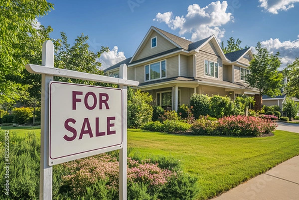 Fototapeta A property selling concept featuring a white "For Sale" sign in front of a house with a spacious, well-maintained yard. Perfect for real estate or advertising use
