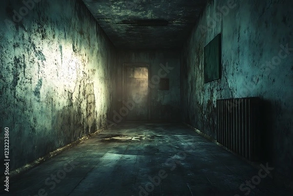 Fototapeta A 3D rendering of an unoccupied concrete room with poorly lit walls establishes a shadowy and gritty ambiance.