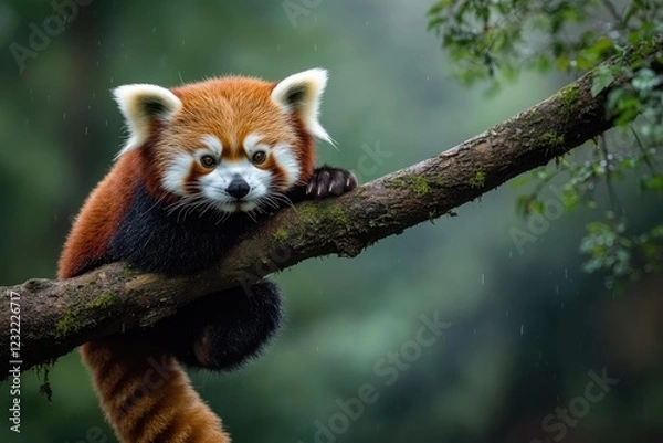 Fototapeta Red Panda on a Branch in the Rain