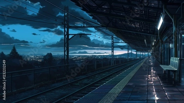 Fototapeta Night at the Terminal Station with Calm Atmosphere, Smooth Tracks, Scenic View and Cloudy Sky, Awaiting a Train Arrival in Tranquil Setting