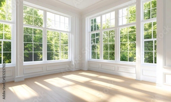 Fototapeta Sunlit empty room, large windows, green trees outside, home design