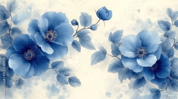Fototapeta A delicate blue floral pattern set on a cream background, creating a soft and inviting look