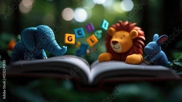Fototapeta Enchanted Forest Literacy: A whimsical journey into the magical world of reading with adorable animal friends discovering the joy of letters and stories.