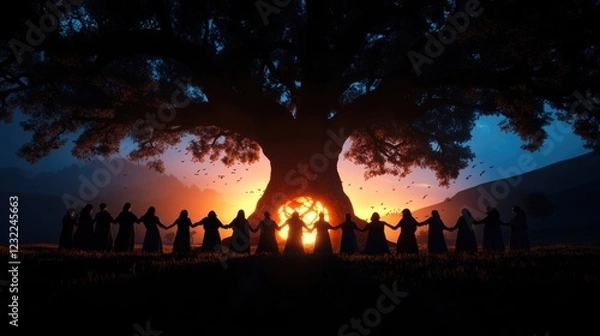Fototapeta Sunset Gathering Under the Ancient Tree: A Sisterhood of Unity