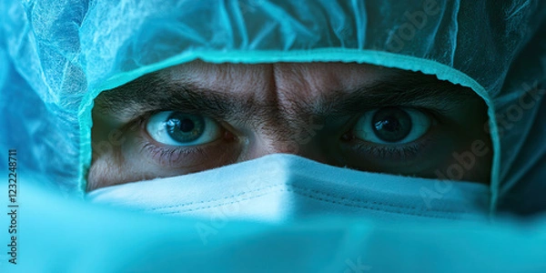 Obraz Close-up of a Person's Eyes Wearing a Surgical Mask and Cap
