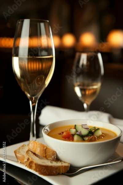 Fototapeta Gazpacho: A chilled bowl of tomato-based soup with a smooth texture, garnished with diced cucumber, onion, green bell peppers, and a drizzle of olive oil.
