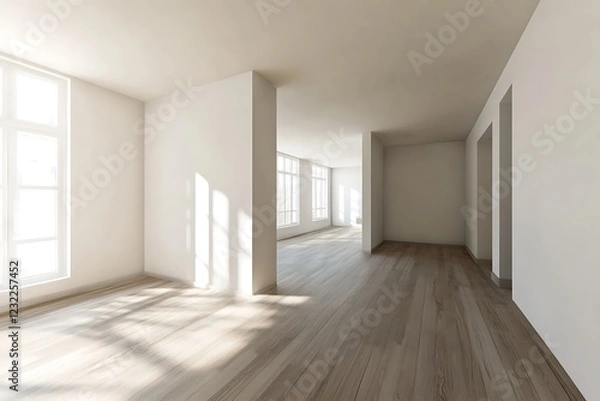 Fototapeta 3D depiction of a large, minimalist Scandinavian room showcasing a wooden floor, broad white walls, and a peaceful Nordic-themed interior design.