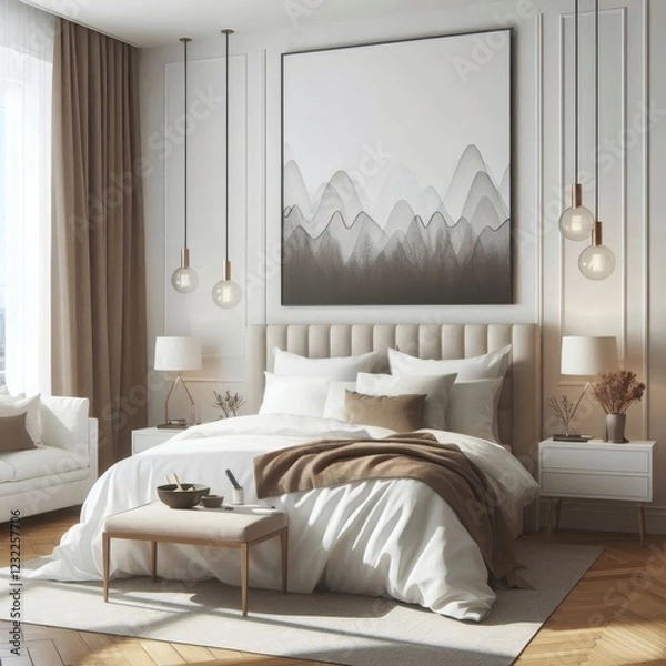 Fototapeta A modern bedroom interior design and decoration in a unique white color scheme, trending architecture in 2025
