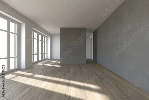 Fototapeta A 3D visualization of a retro-modern living room featuring an unoccupied interior with gray walls and wooden floors.