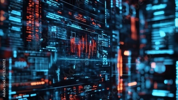 Fototapeta Data streams flow across a digital wall, visualizing financial market trends.  Background shows abstract digital patterns. Use Financial technology, data visualization