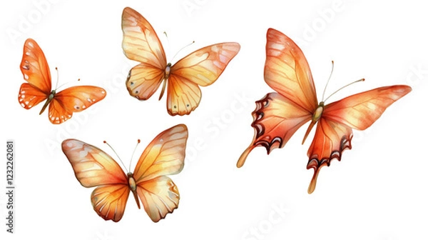 Obraz Orange butterflies in watercolor style isolated on white or transparent png 
