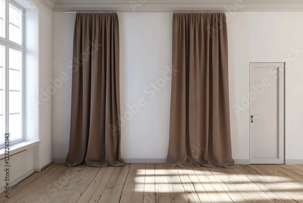 Fototapeta 3D design of a white room, highlighted by a brown curtain, a white door, and wooden floors, creates a tidy and versatile environment for stock photography.
