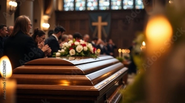 Obraz A funeral ceremony inside a church, with a wooden casket surrounded by floral arrangements.