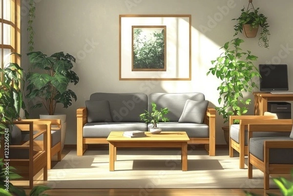 Fototapeta Sunlit living room with wooden furniture, plants, and gray sofa.