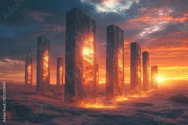 Fototapeta Mysterious monoliths standing in a barren desert landscape, illuminated by a glowing sunset.