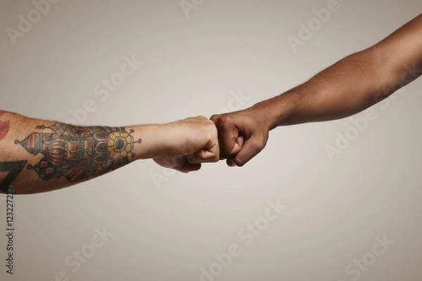 Fototapeta Two men one light skinned with tattoos and another dark skinned do a fist bump against white wall close up