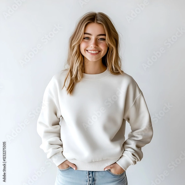 Fototapeta Smiling woman in cream sweatshirt and light blue jeans against a simple background, exuding a casual and friendly vibe. 