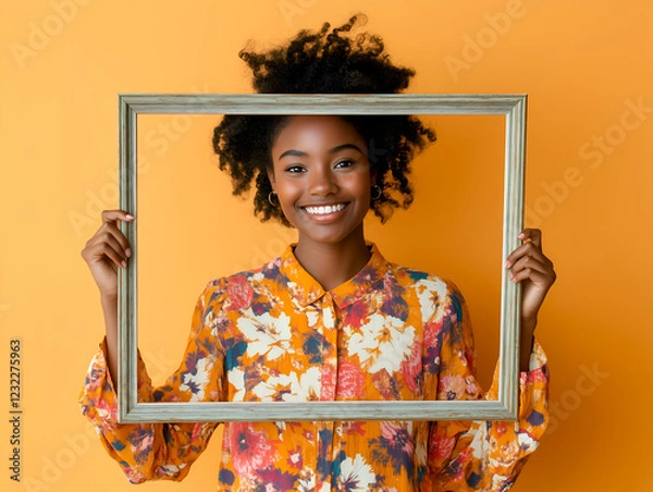 Fototapeta Smiling woman with curly hair holding a picture frame against a vibrant orange background, a portrait full of life and joy
